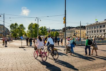 Pedestrians on street in Helsinki, Finland