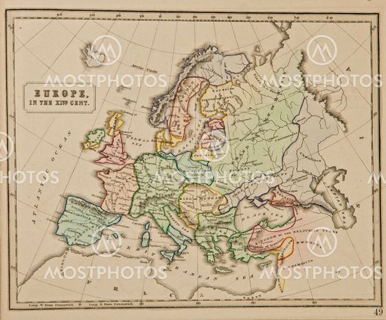 Europe. Ancient map of the world . Published by George Philip and son at London 1857 and are not subject to copyright.