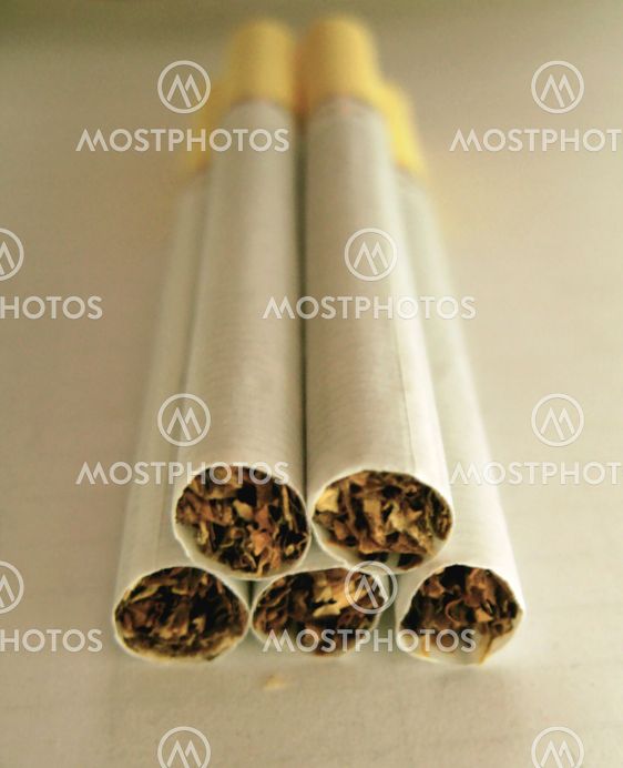Five cigarettes on the white background