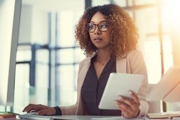 Real estate agent, tablet or businesswoman on computer...