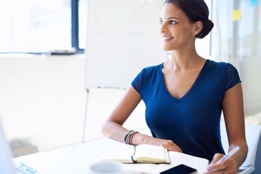 Office, thinking and business woman with notebook for...