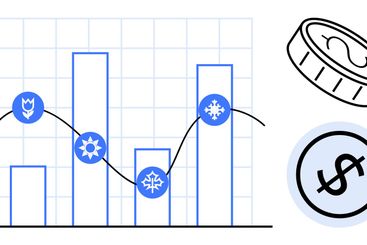 Seasonal data trends represented by bar graph with icons...