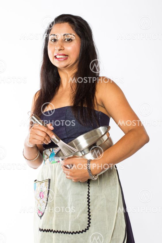 Worried Indian Woman with Silver Bowl and Whisk