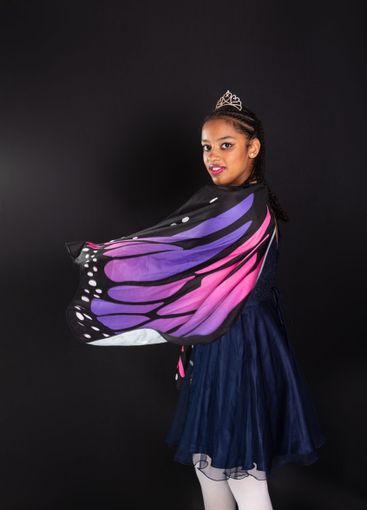 Brunette teen girl wearing butterfly wings confident and...