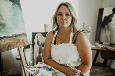 Painting, artist and portrait of woman in studio for...
