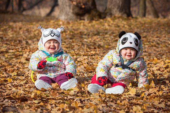 The two little baby girls sitting in autumn leaves