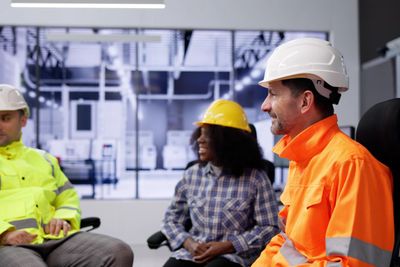 Industry People Meeting At Factory. Engineering Occupation