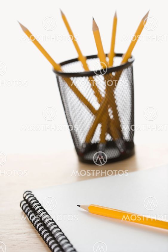 Office supplies on desk.