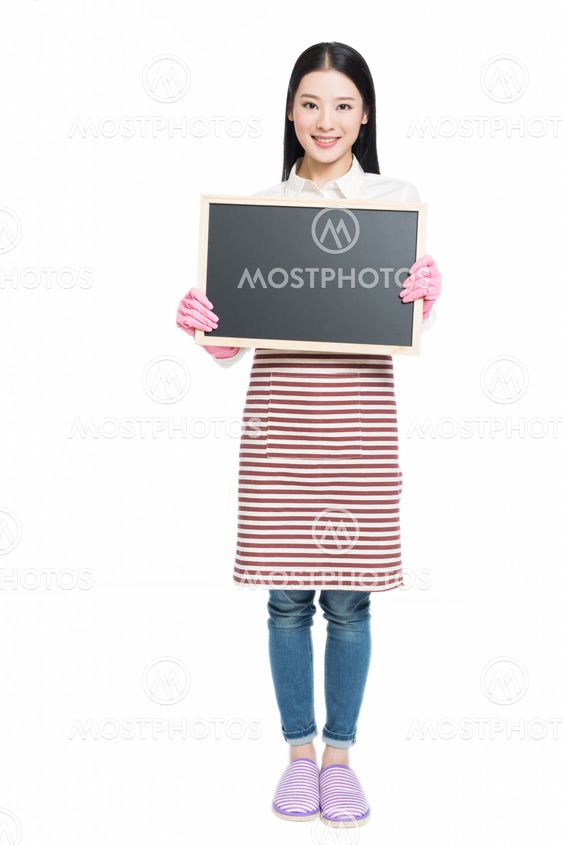 cleaning woman showing blank sign board