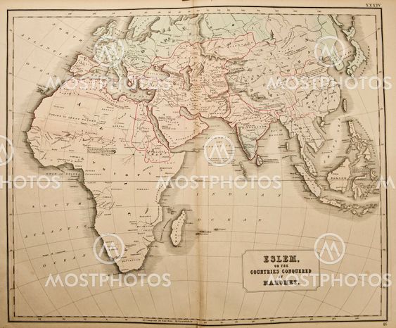 Eslem of the countres conquered by Mahomet. Ancient map of the world . Published by George Philip and son at London 1857 and are not subject to copyright.