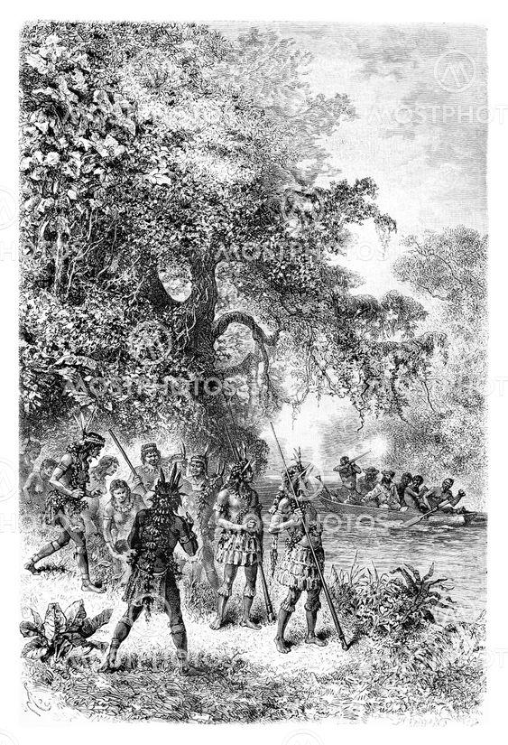Arrival by Boat at the Village of Coreguaje in Amazonas, Brazil, vintage engraving