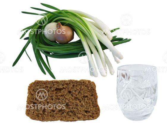 collage with cristall glass of vodka, onions and bread