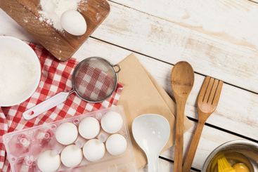 baking preparation, top view of a variety of baking...