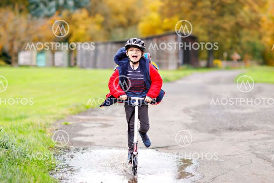 cute little school kid boy riding on push scooter on the...