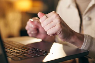 Hands, laptop and typing with business person in office...
