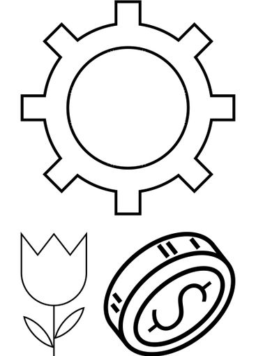 Gear, blooming flower, and a coin with a dollar symbol...