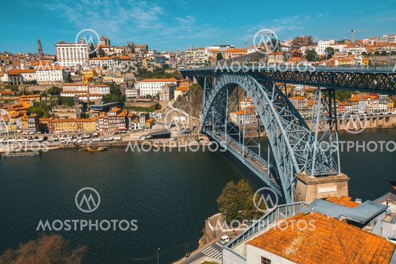 Dom Luis iron Bridge at Duoro river in old downtown Porto, Portugal.
