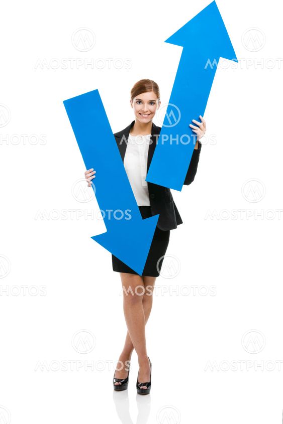 Business woman holding blue arrows