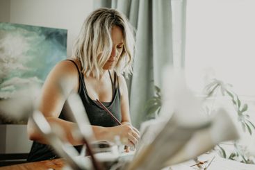 Home art, paint brush and woman drawing creative sketch,...