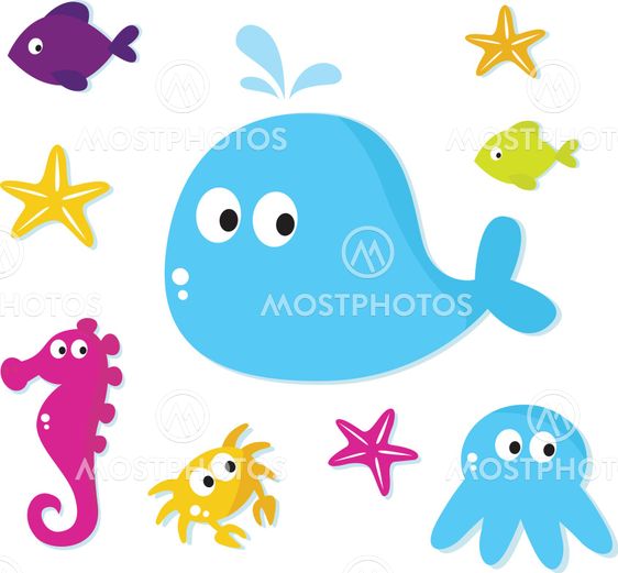 Cartoon Sea fishes and animals icons isolated on white backgroun