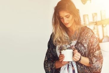 Woman, flower or florist with pot plant for growth,...