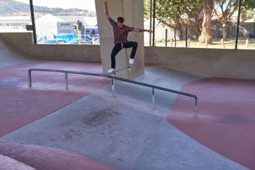 Man, jump and rail with skateboard for extreme sport,...