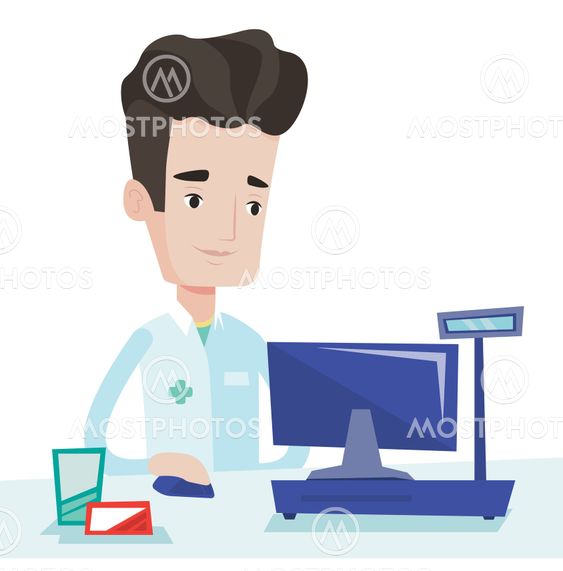 Pharmacist at counter with cash box.