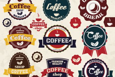Collection of vintage retro coffee stickers, badges,...
