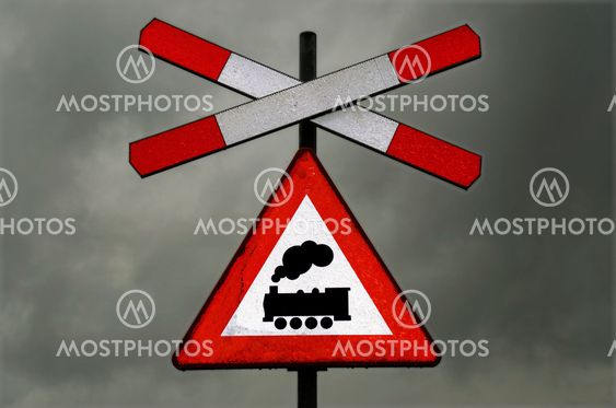 Sign railway crossing headlights on
