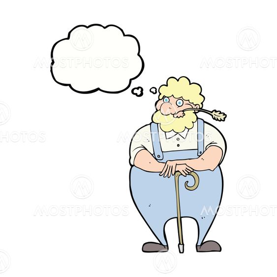 cartoon farmer leaning on walking stick with thought bubble