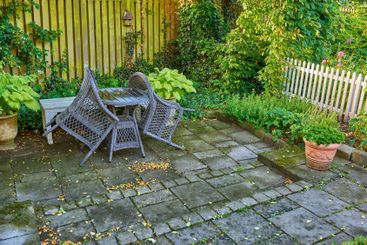 Environment, patio and furniture in garden of house for...