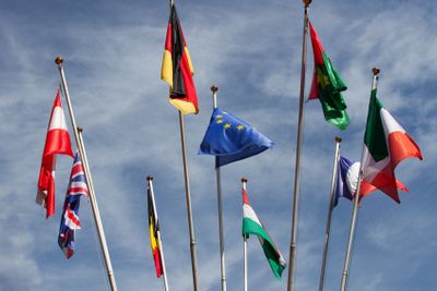 Many europeans flags in the wind against the sky