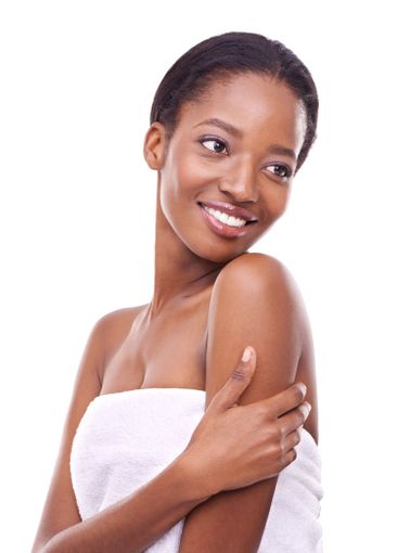 Beauty, black woman and thinking of body care treatment...