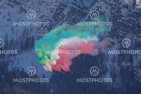 Acrobatic group of Freccia trecolori jet aeroplanes are...