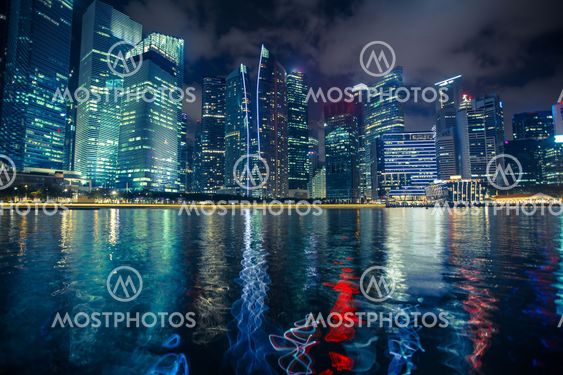 Night scene of financial district Marina Bay in Singapore.