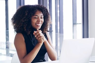 Office, excited and business woman on laptop for online...