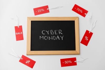 chalk board with cyber monday words and sale tags