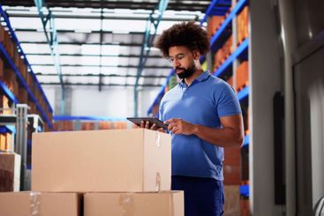 Black delivery man smiling while using tablet