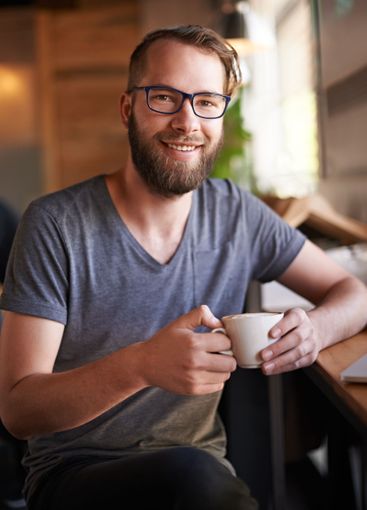 Coffee, happy and portrait of man in restaurant for...