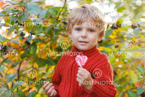 Funny little preschool boy sitting on a wall in late summer evening park, outdoors