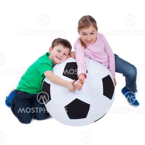 Boy and girl with huge soccer ball( mixed )