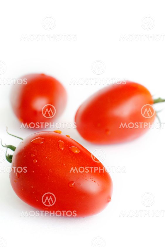 Three plum shaped tomatos on white background