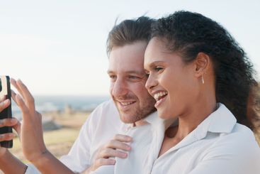 Outdoor, picture and couple with smile, selfie and...