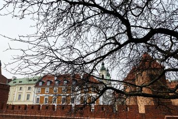 Historical architecture and tree branches in Warsaw,...