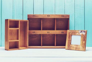 Shabby chic style home decorations on wooden background