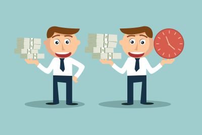 Business men are showing money and time comparison,...