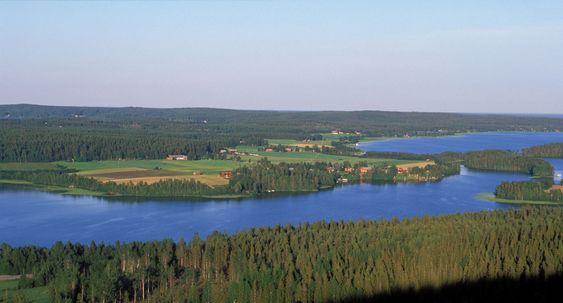 View over a village surrounded by farming and forests.
