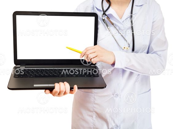 nurse points on computer laptop with blank screen