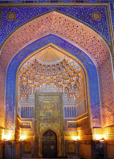 Uzbekistan, Samarkand decorated ceilings of the Till...