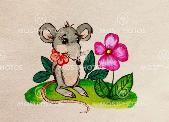 Rat with a flower. Watercolor painting.